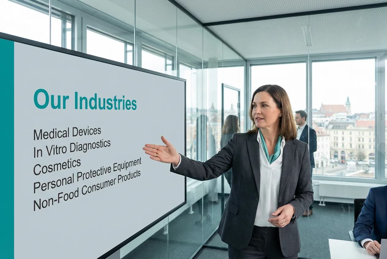 a business woman in a meeting room, in front of a presentation screen that shows the following text:  Headline (big fonts): "Our Industries", Line1: "Medical Devices", Line2: "In Vitro Diagnostics", Line3: "Cosmetics", Line4: "Personal Protective Equipment", Line5: "Non-Food Consumer Products"