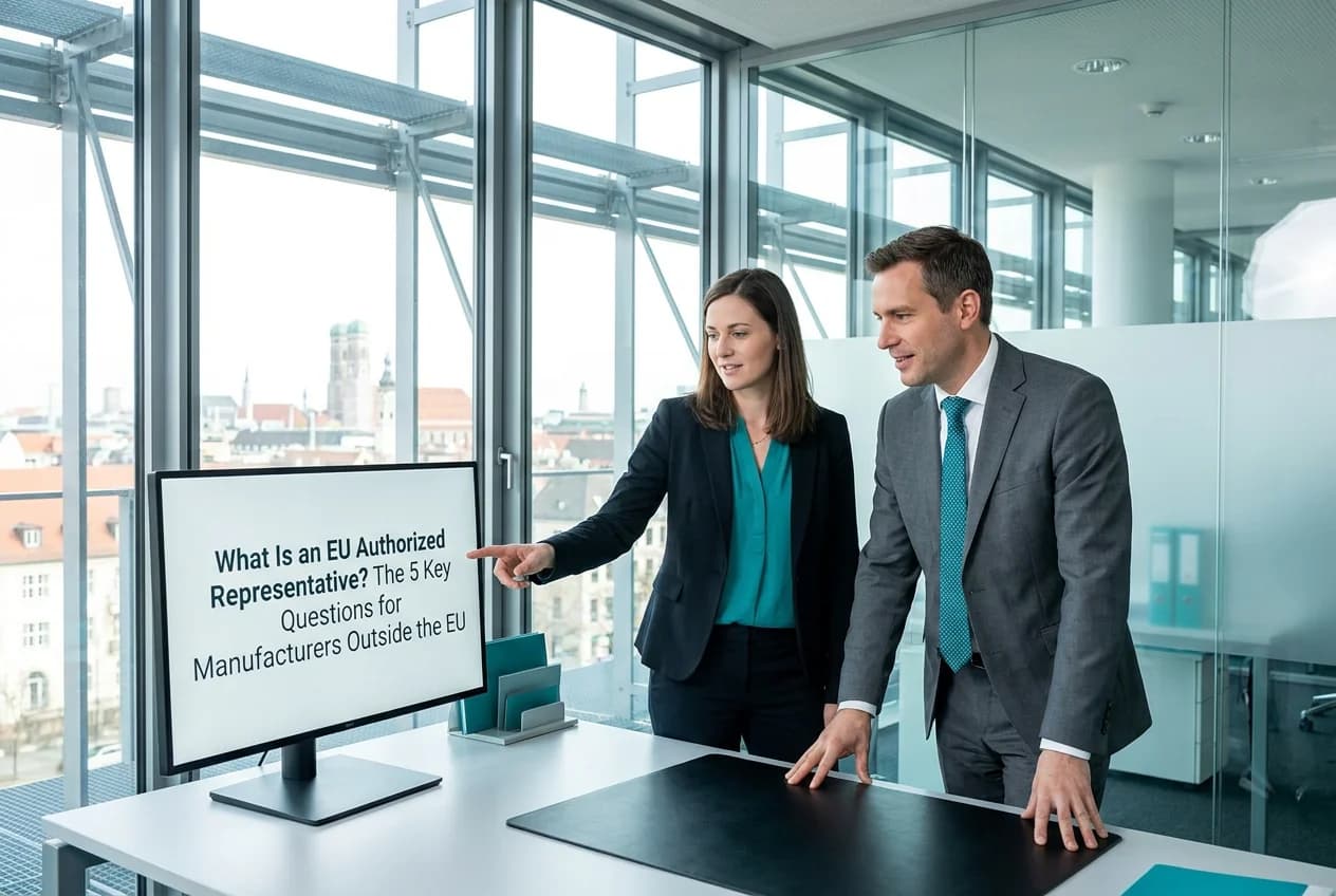 Two colleagues in an office reviewing an on-screen article titled 'What Is an EU Authorized Representative?